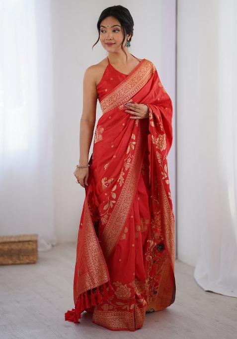 Red Printed Dola Silk Saree Set — view on Indya