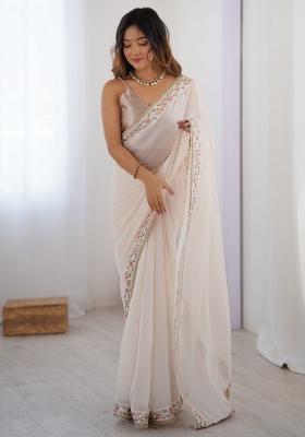 Off White Printed Georgette Saree Set