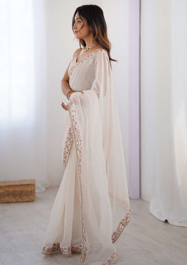 Off White Georgette Saree Set with Printed for Diwali | Wedding & Festive Wear - Indya