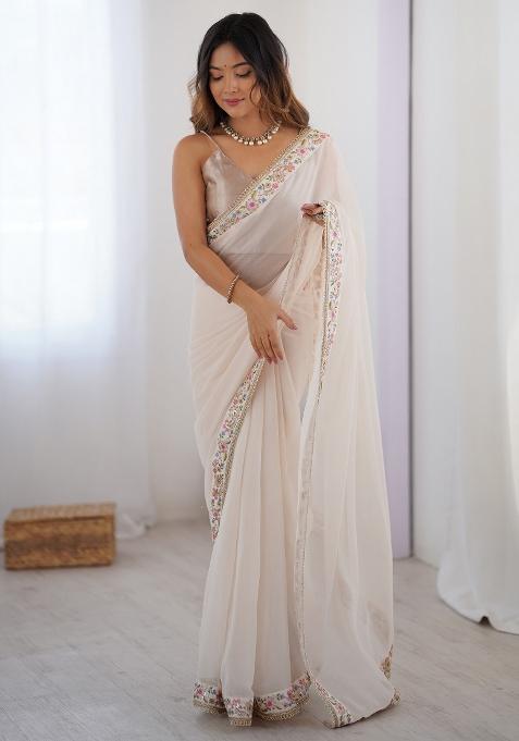 Off White Printed Georgette Saree Set — view on Indya