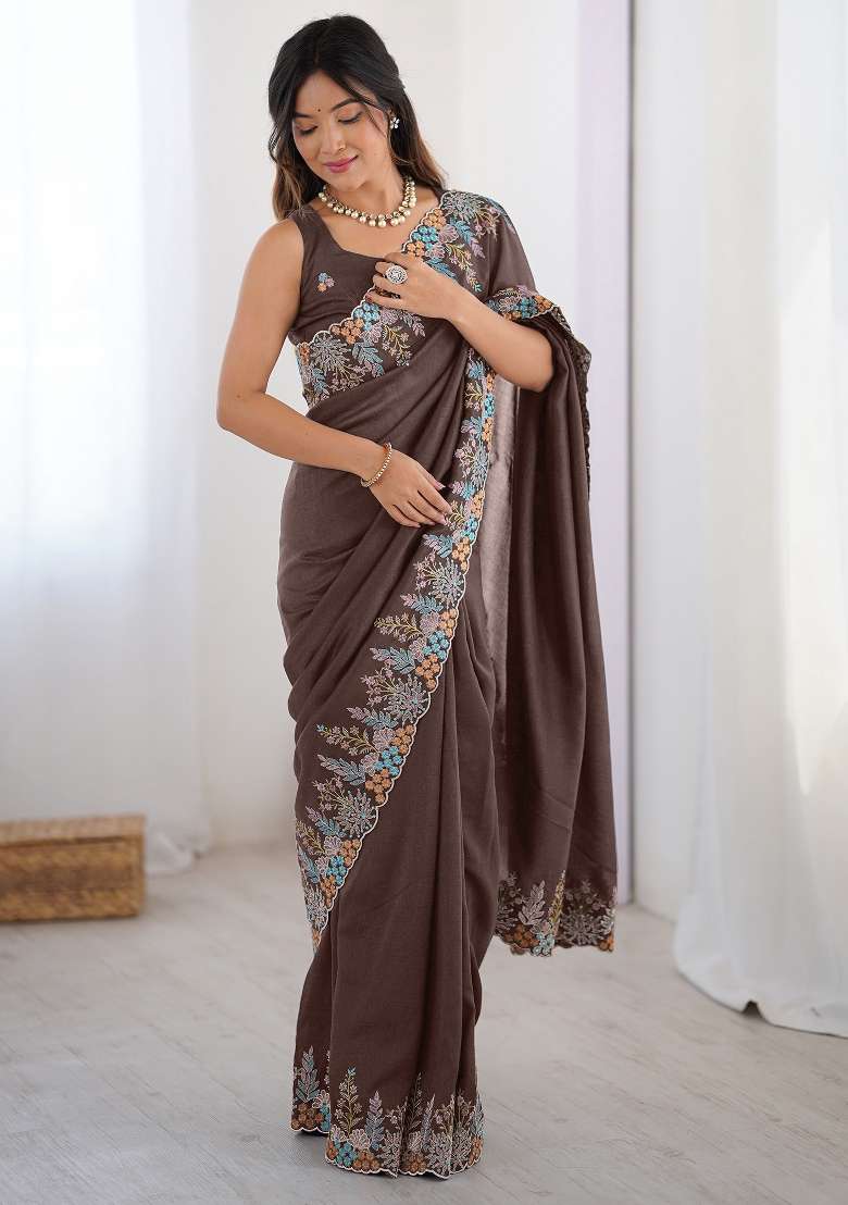 Brown Vichitra Silk Blend Saree Set with Printed for Diwali | Wedding & Festive Wear - Indya