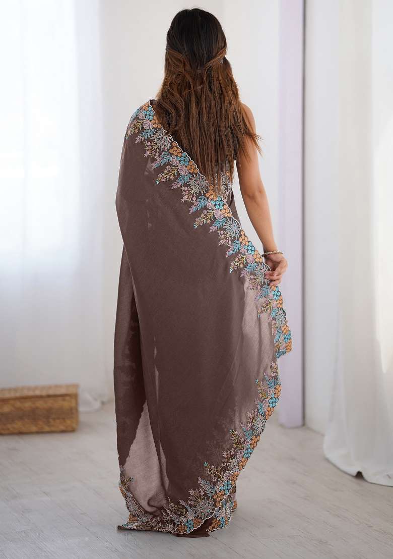 Brown Vichitra Silk Blend Saree Set with Printed for Diwali | Wedding & Festive Wear - Indya