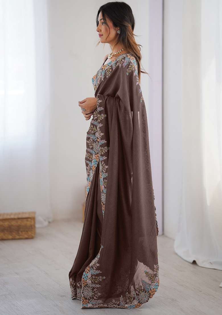 Brown Vichitra Silk Blend Saree Set with Printed for Diwali | Wedding & Festive Wear - Indya