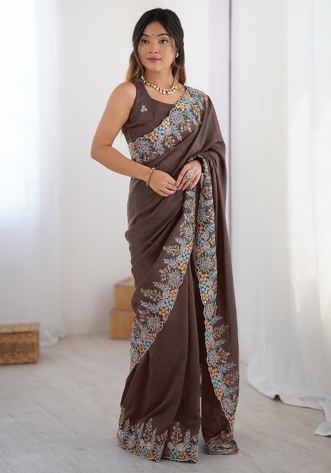 Brown Printed Vichitra Silk Blend Saree Set