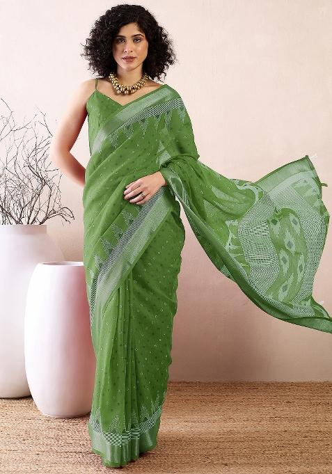 Green Printed Cotton Linen Saree Set — view on Indya