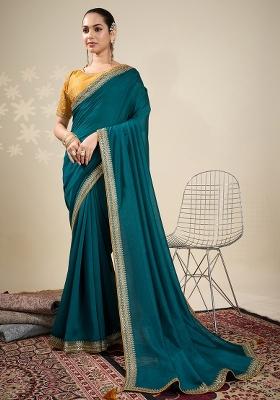 Teal Blue Printed Vichitra Silk Saree Set