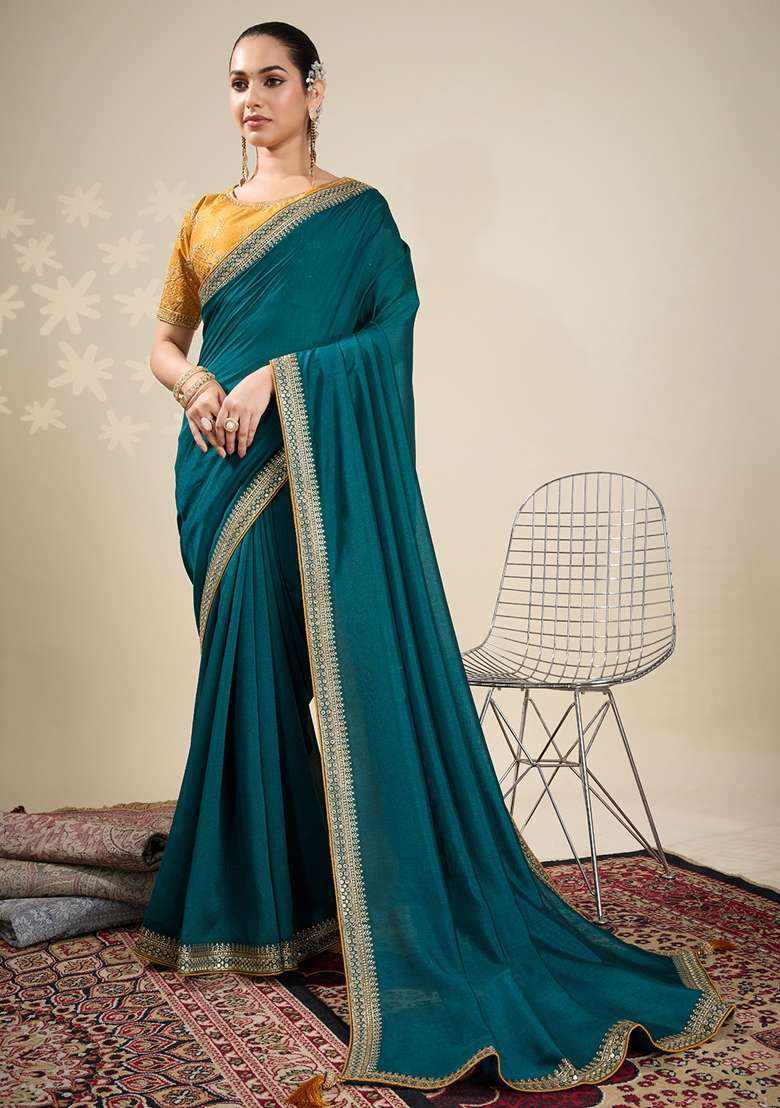Teal Blue Printed Vichitra Silk Blend Saree Set for Diwali and Festive Wear - Indya