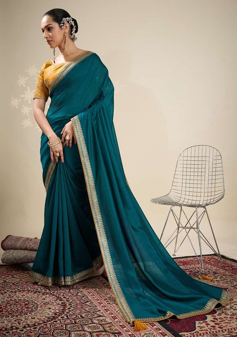 Teal Blue Printed Vichitra Silk Blend Saree Set for Diwali and Festive Wear - Indya