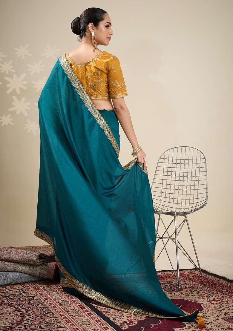 Teal Blue Printed Vichitra Silk Blend Saree Set for Diwali and Festive Wear - Indya