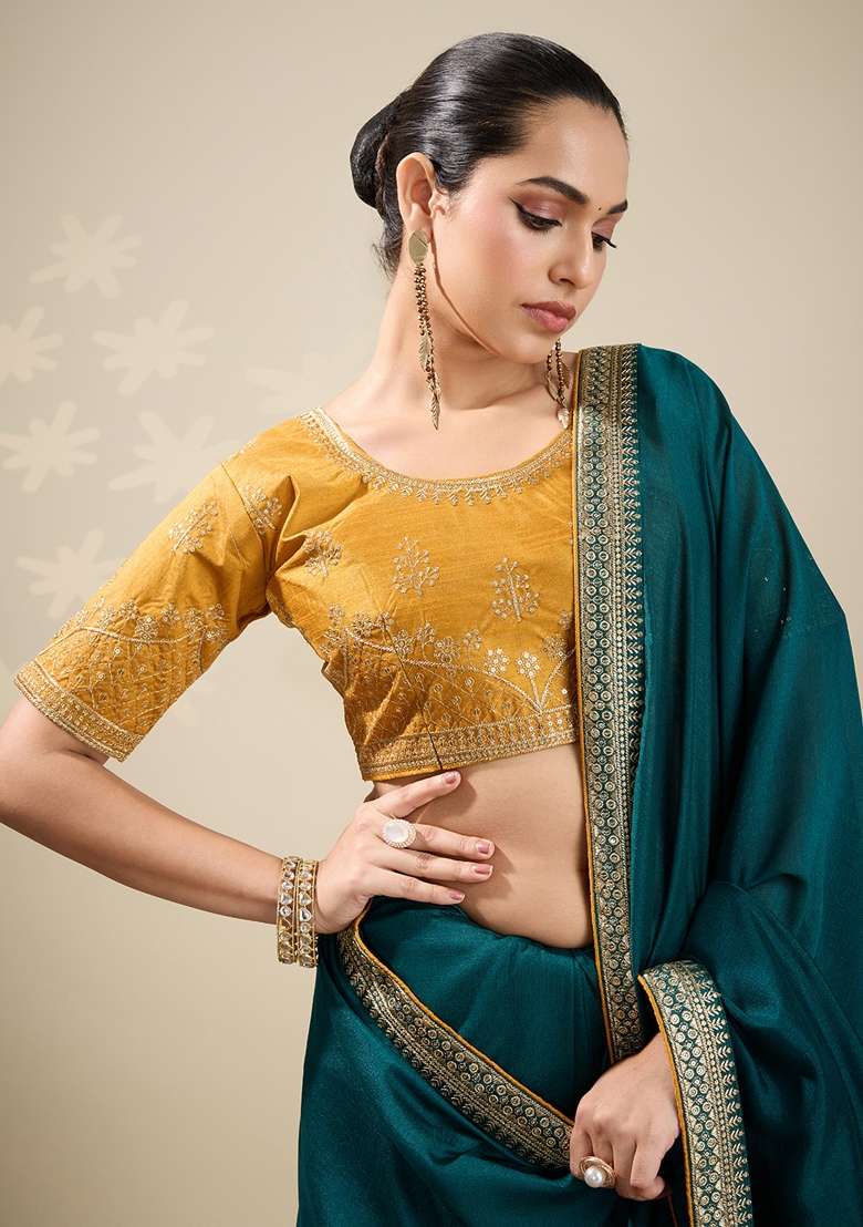 Teal Blue Printed Vichitra Silk Blend Saree Set for Diwali and Festive Wear - Indya