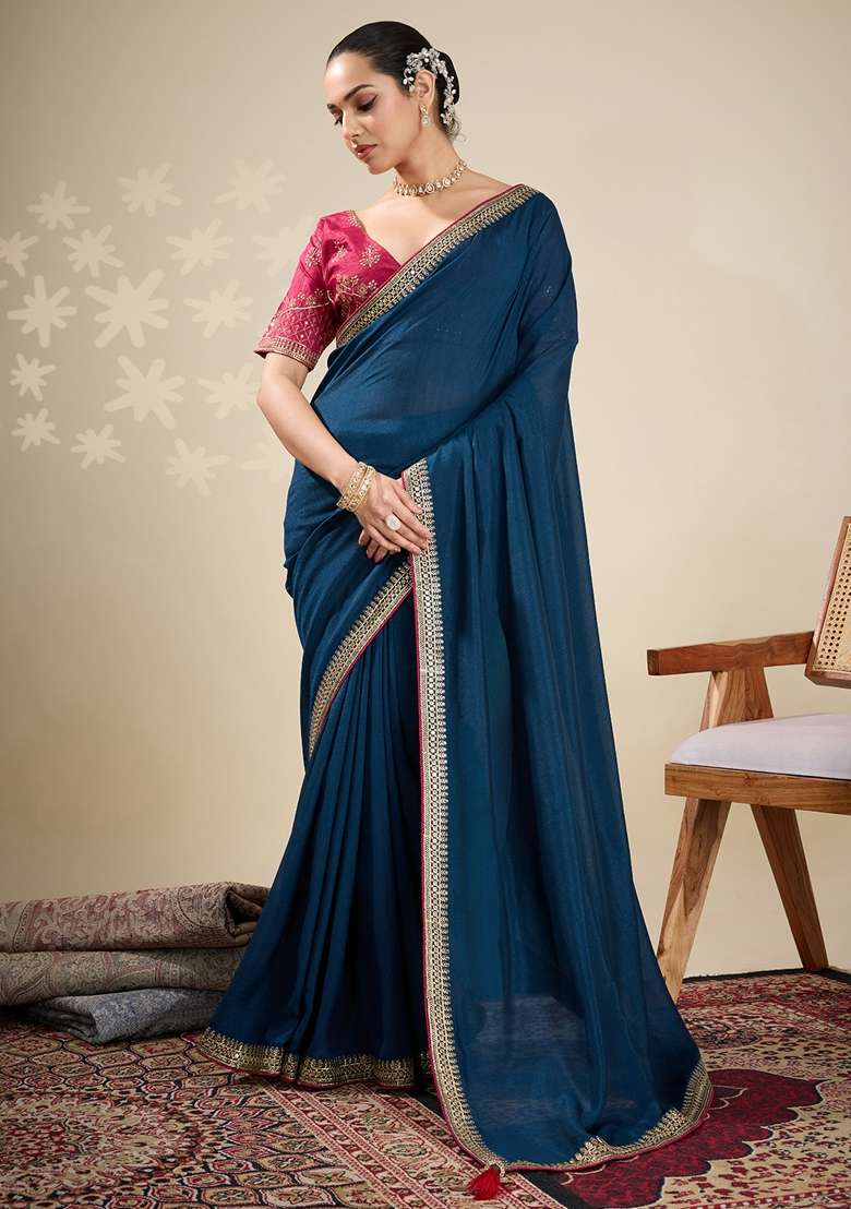 Teal Blue Printed Vichitra Silk Blend Saree Set for Diwali and Festive Wear - Indya