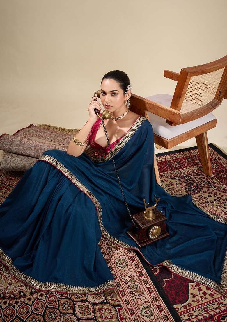 Teal Blue Printed Vichitra Silk Blend Saree Set for Diwali and Festive Wear - Indya