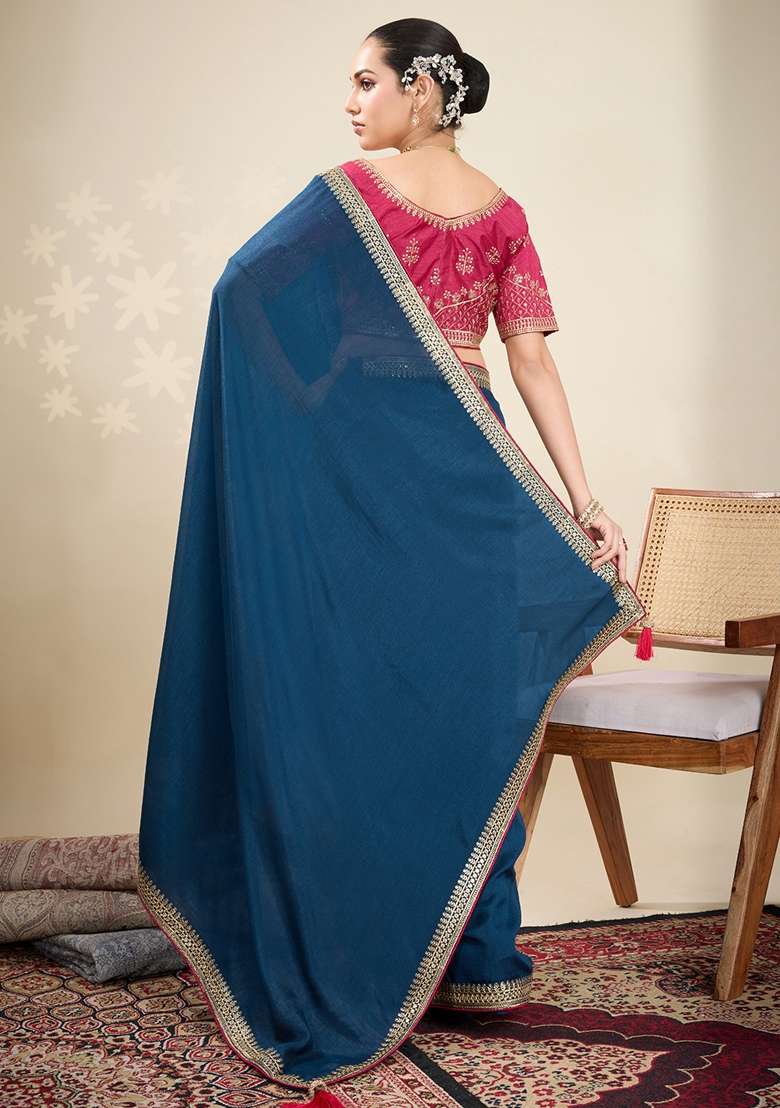 Teal Blue Printed Vichitra Silk Blend Saree Set for Diwali and Festive Wear - Indya
