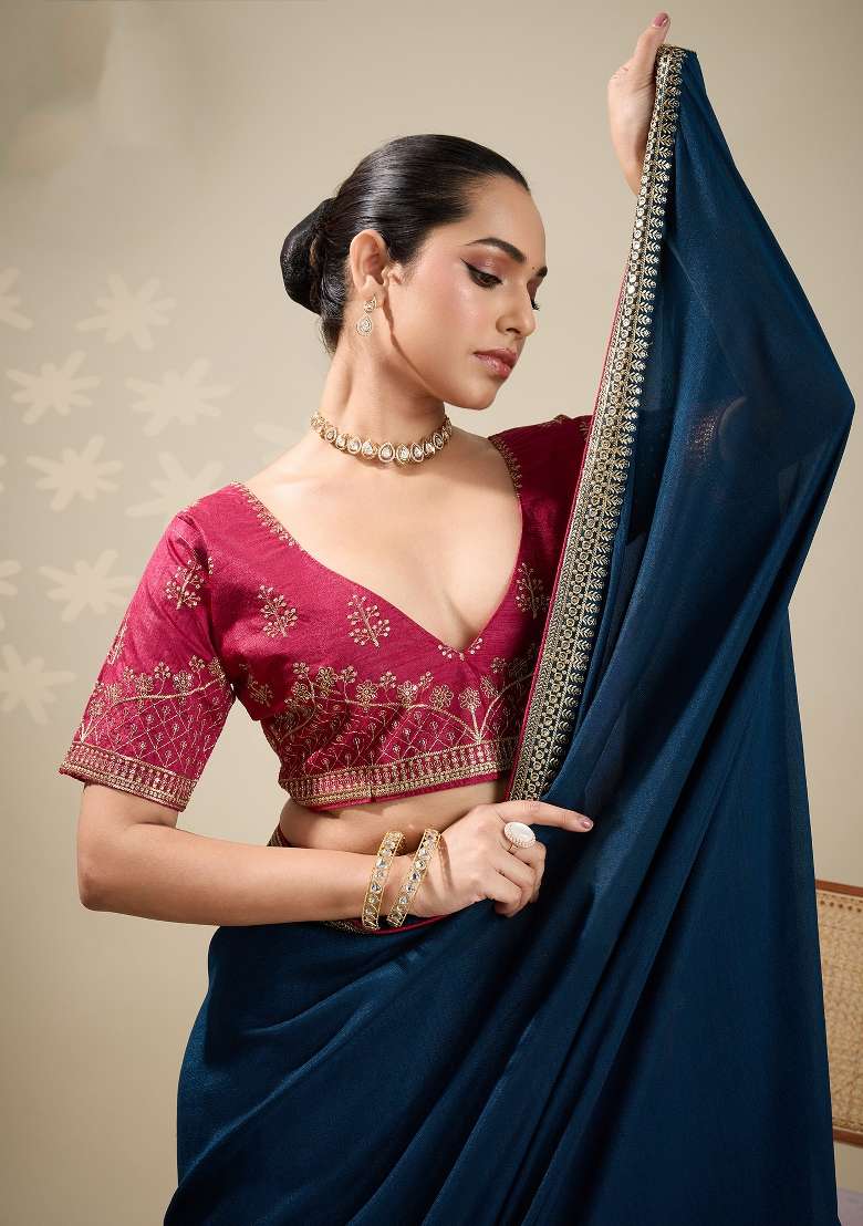 Teal Blue Printed Vichitra Silk Blend Saree Set for Diwali and Festive Wear - Indya