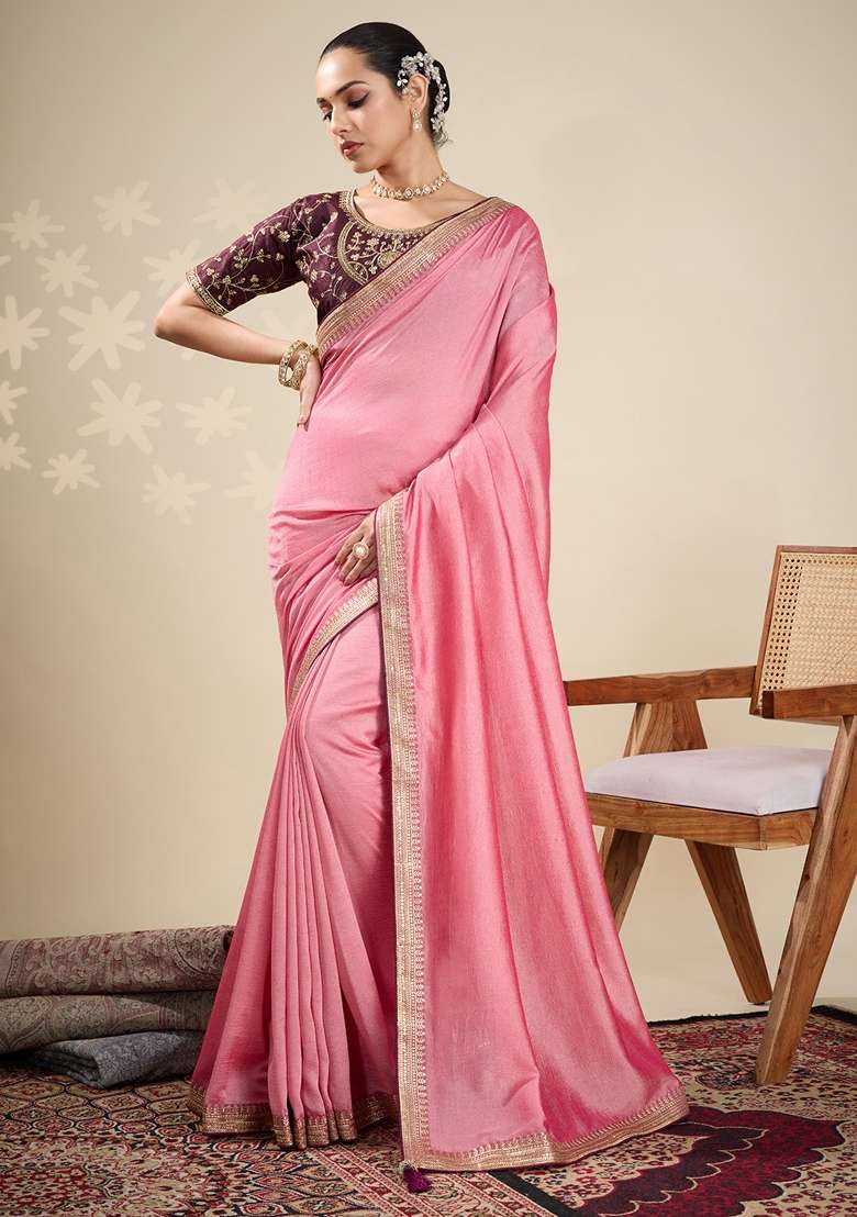 Peach Vichitra Silk Blend Saree Set with Printed for Diwali | Wedding & Festive Wear - Indya