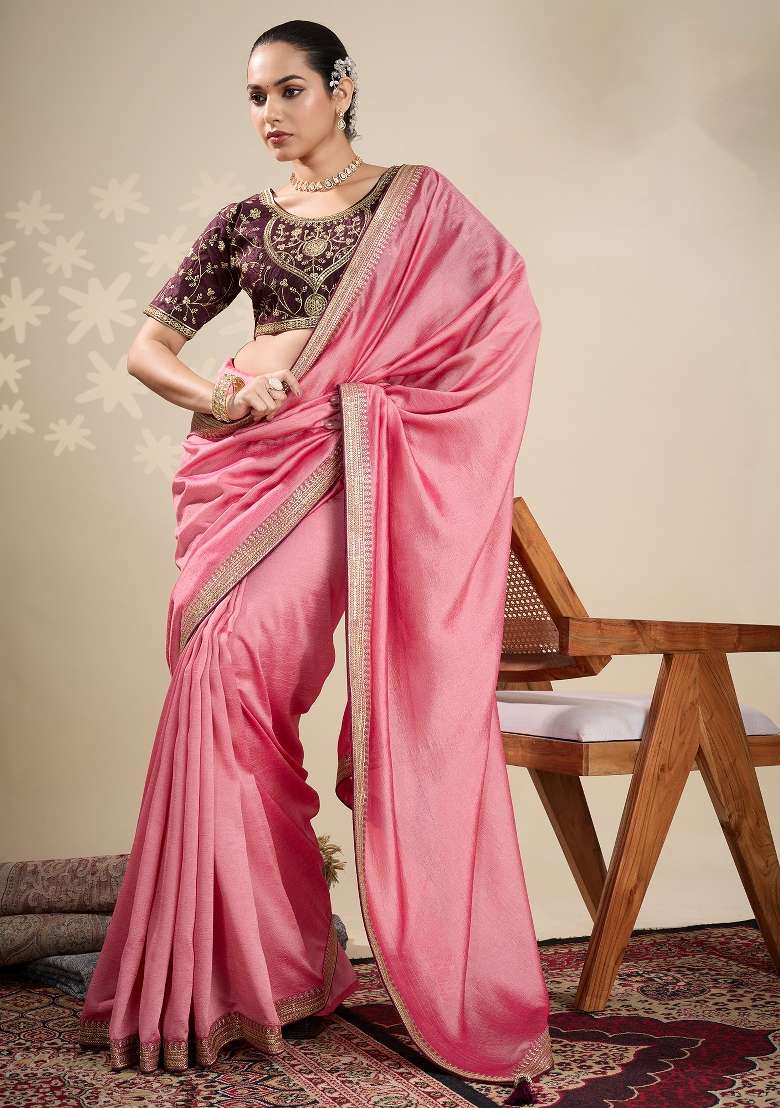 Peach Vichitra Silk Blend Saree Set with Printed for Diwali | Wedding & Festive Wear - Indya