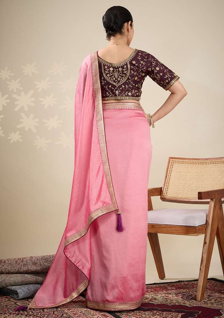 Peach Vichitra Silk Blend Saree Set with Printed for Diwali | Wedding & Festive Wear - Indya