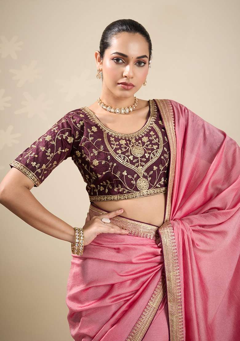 Peach Vichitra Silk Blend Saree Set with Printed for Diwali | Wedding & Festive Wear - Indya