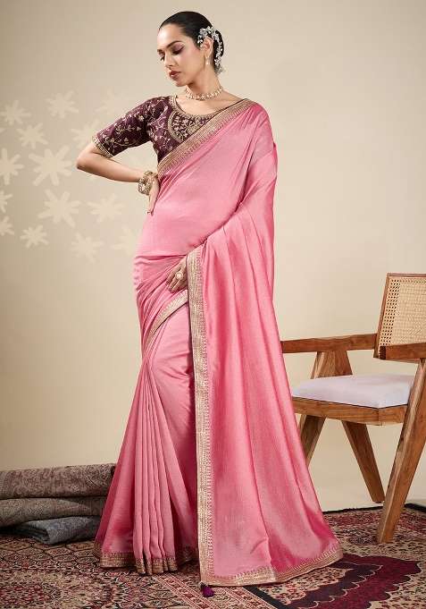 Peach Vichitra Silk Blend Saree Set with Printed for Diwali | Wedding & Festive Wear