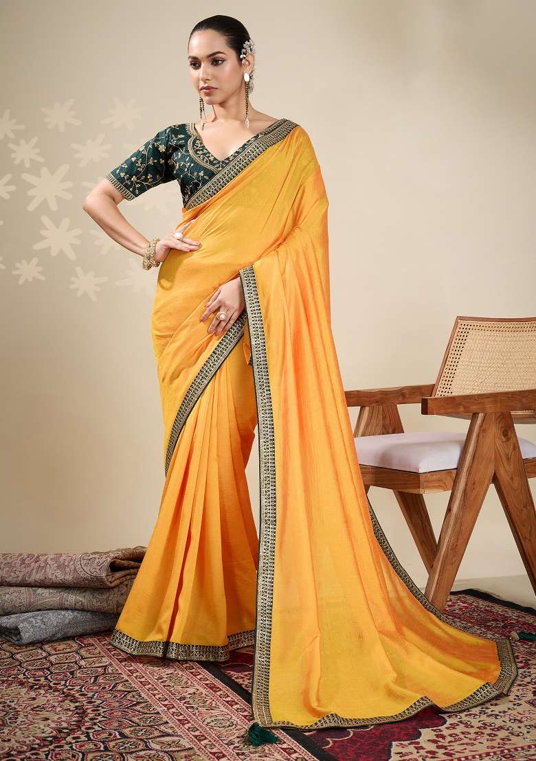 Yellow Printed Vichitra Silk Blend Saree Set - Indya