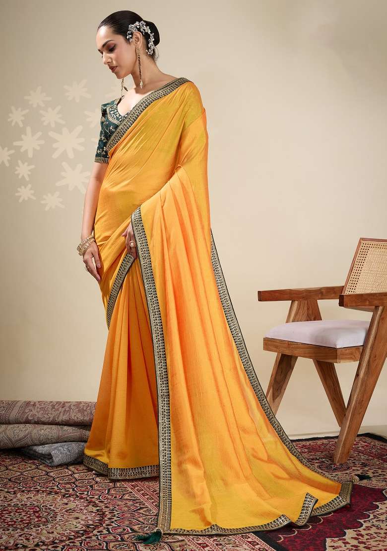 Yellow Printed Vichitra Silk Blend Saree Set - Indya