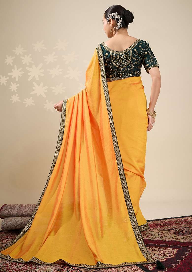 Yellow Printed Vichitra Silk Blend Saree Set - Indya