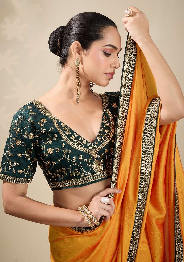 Yellow Printed Vichitra Silk Blend Saree Set - Indya