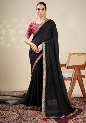 Black Printed Vichitra Silk Saree Set