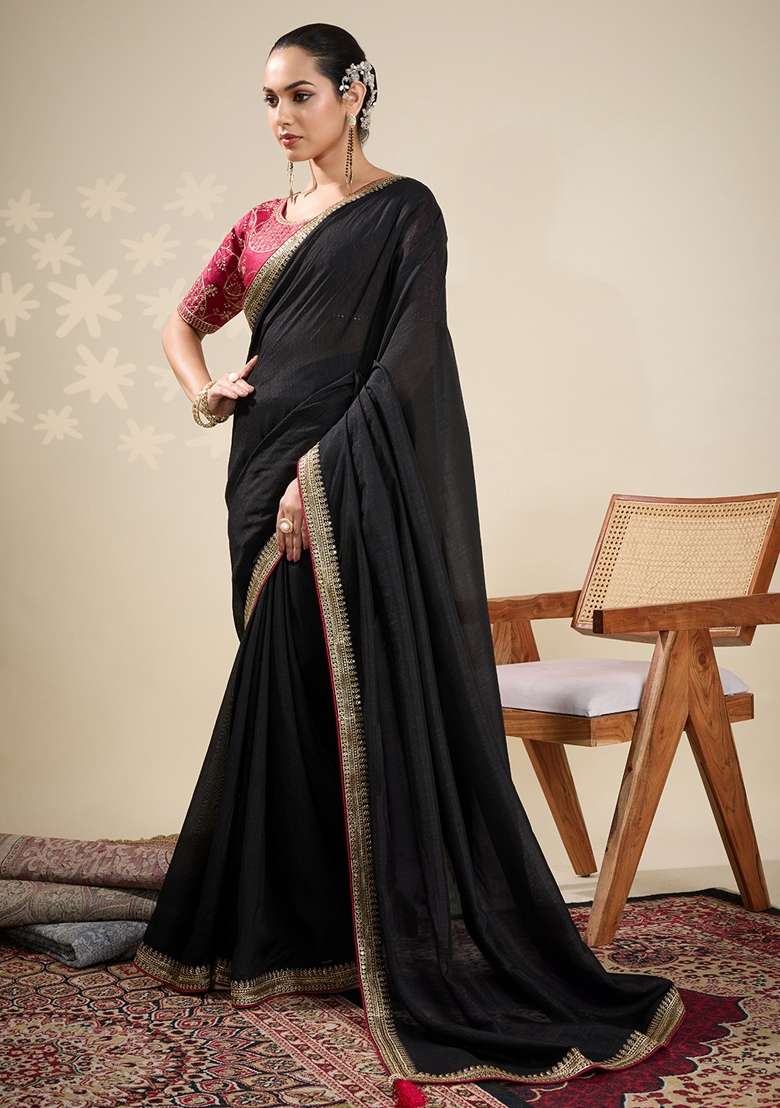 Black Printed Vichitra Silk Blend Saree Set - Indya