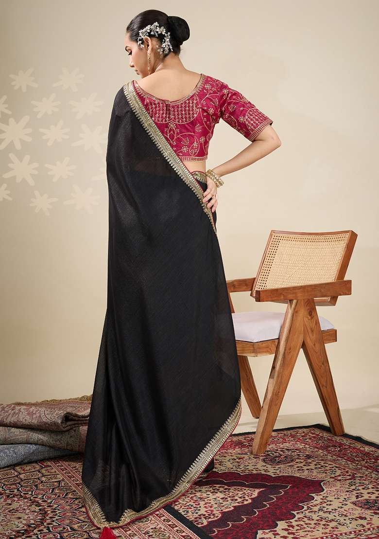 Black Printed Vichitra Silk Blend Saree Set - Indya