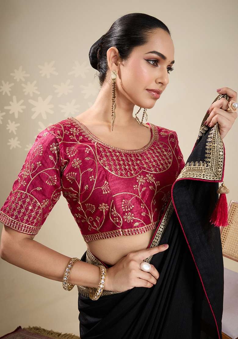 Black Printed Vichitra Silk Blend Saree Set - Indya