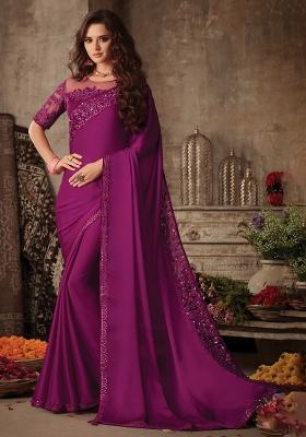 Purple Printed Satin Silk Saree Set