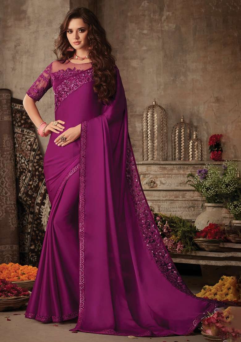 Purple Printed Satin Silk Blend Saree Set for Diwali and Festive Wear - Indya