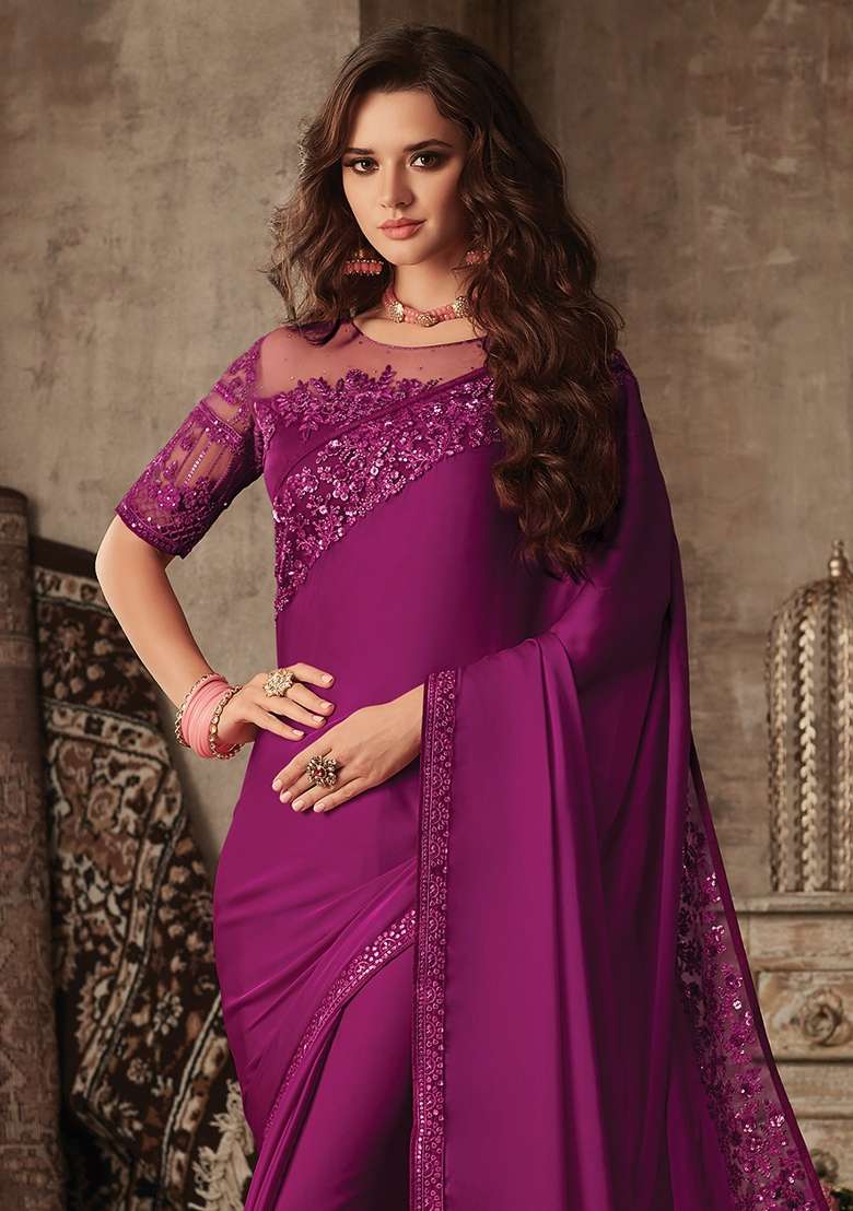 Purple Printed Satin Silk Blend Saree Set for Diwali and Festive Wear - Indya