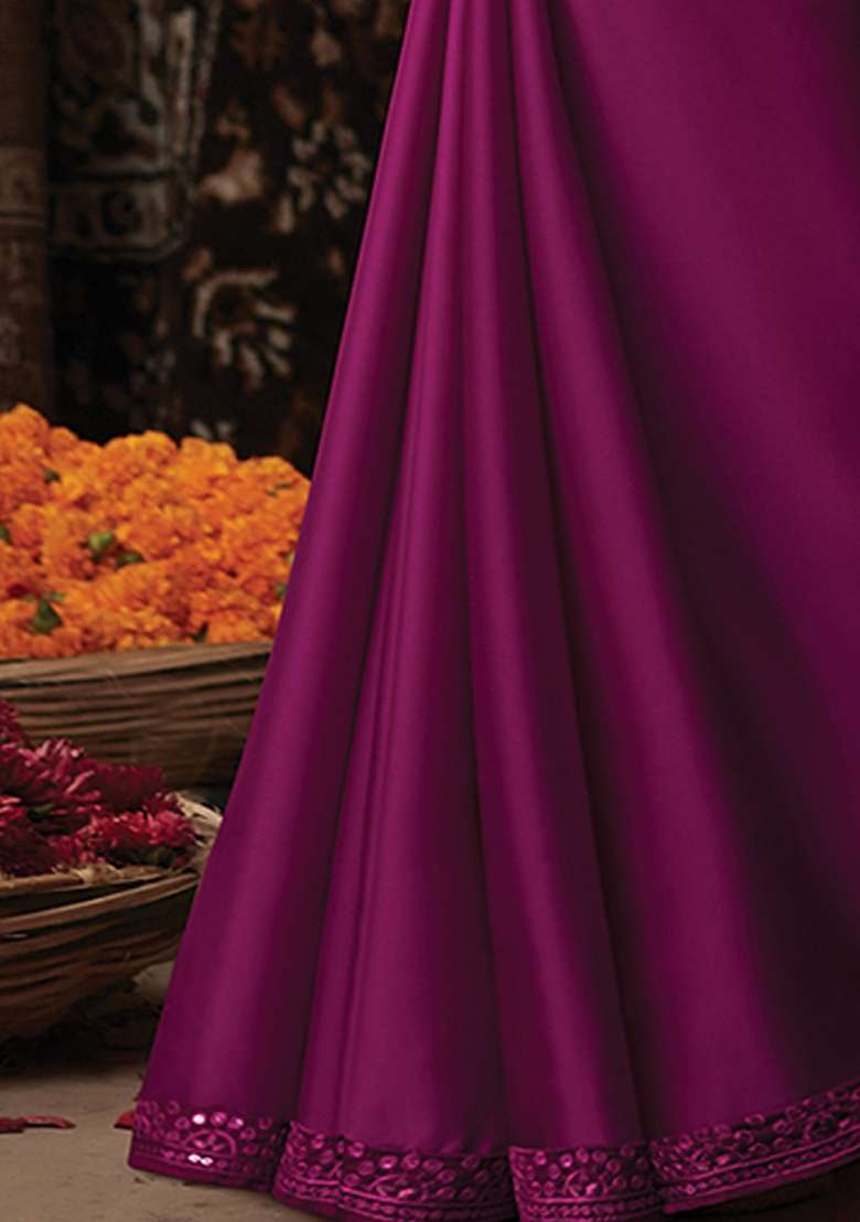 Purple Printed Satin Silk Blend Saree Set for Diwali and Festive Wear - Indya