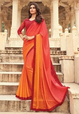 Orange Printed Silk Blend Saree Set