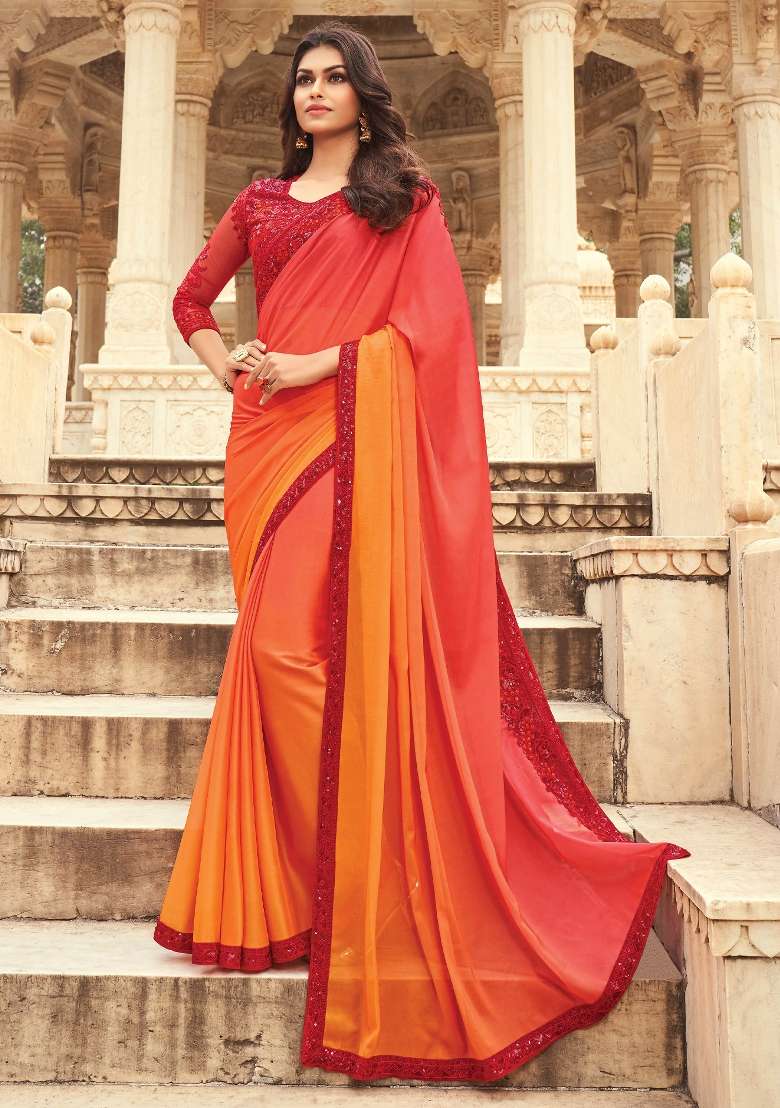 Orange Printed Silk Blend Saree Set - Indya