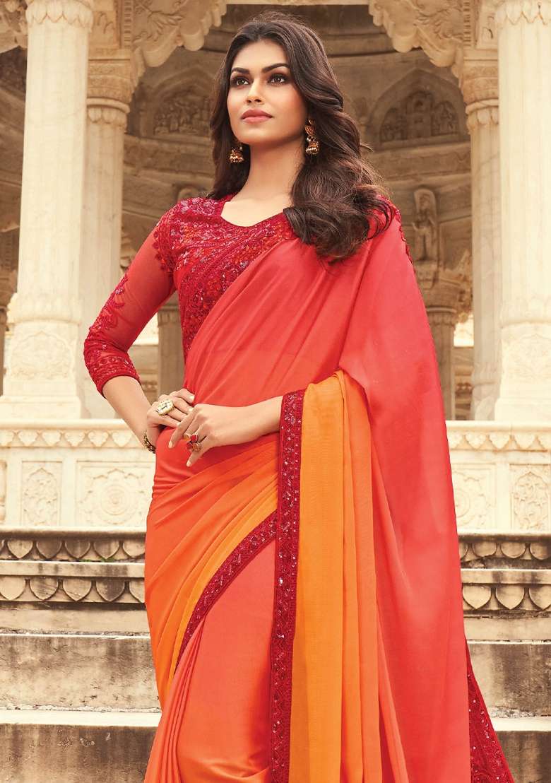 Orange Printed Silk Blend Saree Set - Indya