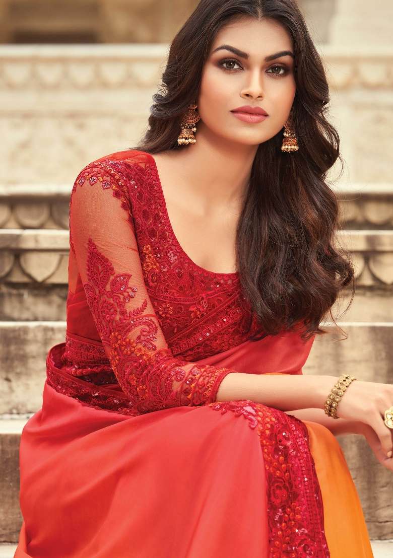 Orange Printed Silk Blend Saree Set - Indya