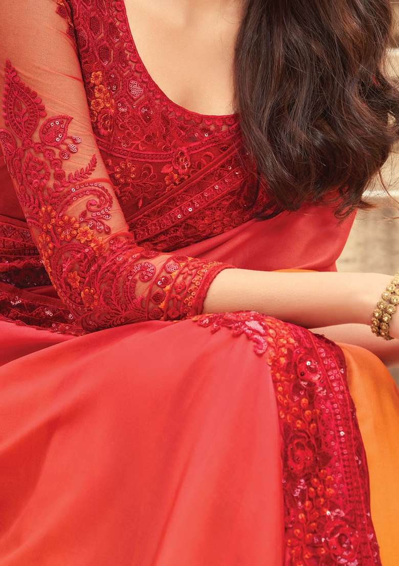 Orange Printed Silk Blend Saree Set - Indya