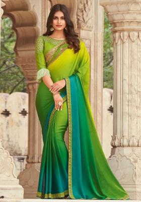 Light Green Printed Silk Blend Saree Set