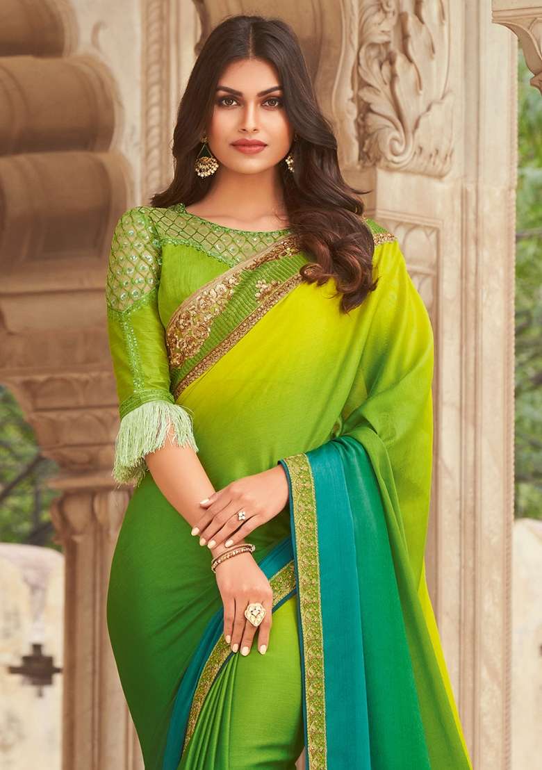 Light Green Printed Silk Blend Saree Set for Diwali and Festive Wear - Indya