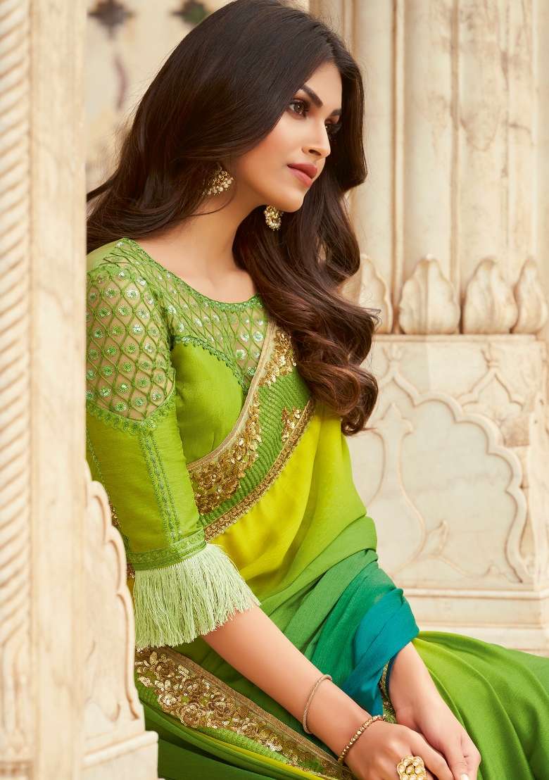 Light Green Printed Silk Blend Saree Set for Diwali and Festive Wear - Indya