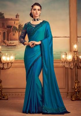 Teal Blue Printed Silk Blend Saree Set