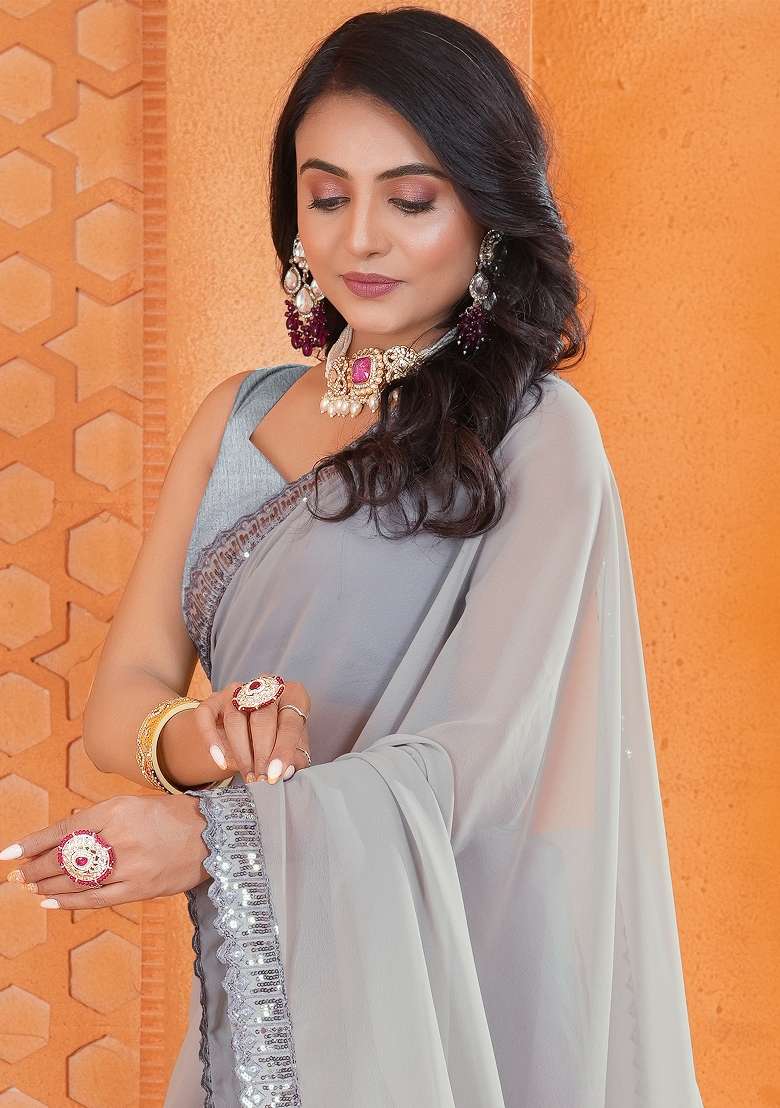 Grey Printed Georgette Saree Set for Diwali and Festive Wear - Indya