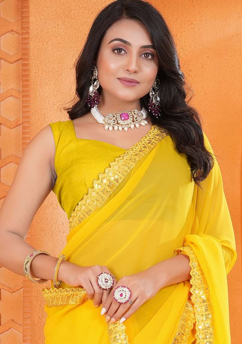 Yellow Printed Georgette Saree Set for Diwali and Festive Wear - Indya