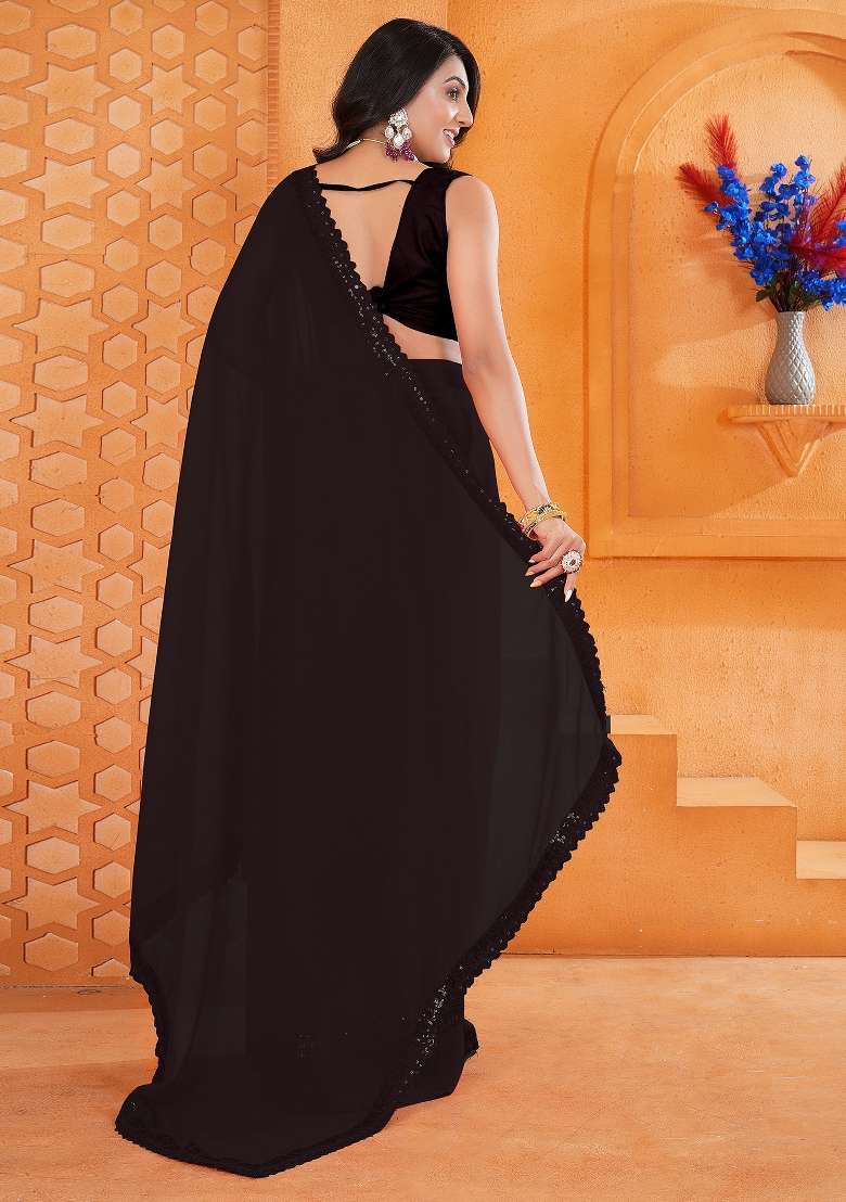 Black Printed Georgette Saree Set for Diwali and Festive Wear - Indya