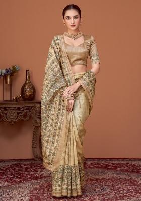 Beige Printed Cotton Silk Saree Set