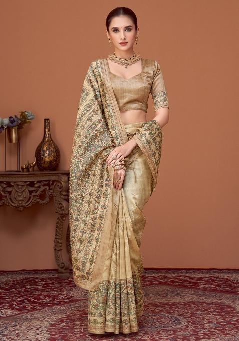 Beige Printed Cotton Silk Saree Set — view on Indya
