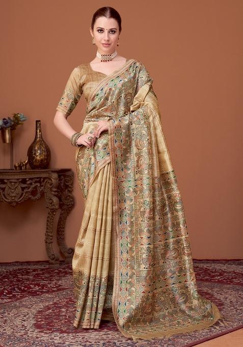 Beige Printed Cotton Silk Saree Set — view on Indya